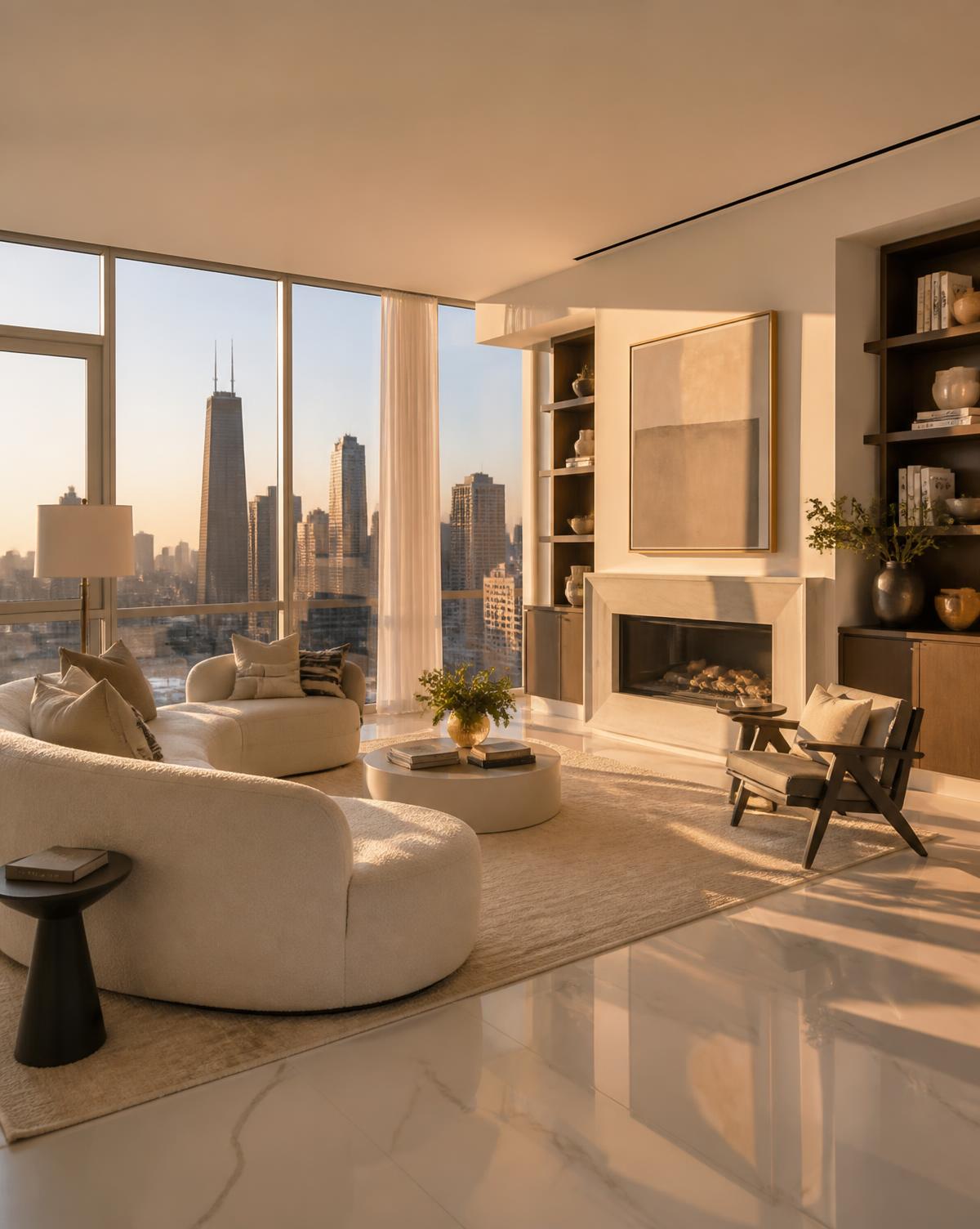 Sun-drenched luxury penthouse living room in Chicago